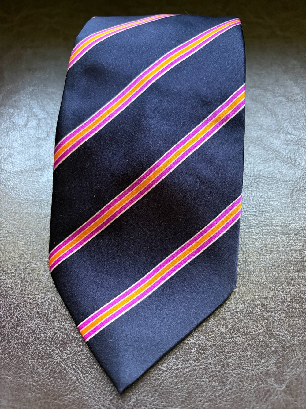Dolcepunta Navy Stripe Silk Tie with Pink and Yellow Accent - Picture 2 of 3